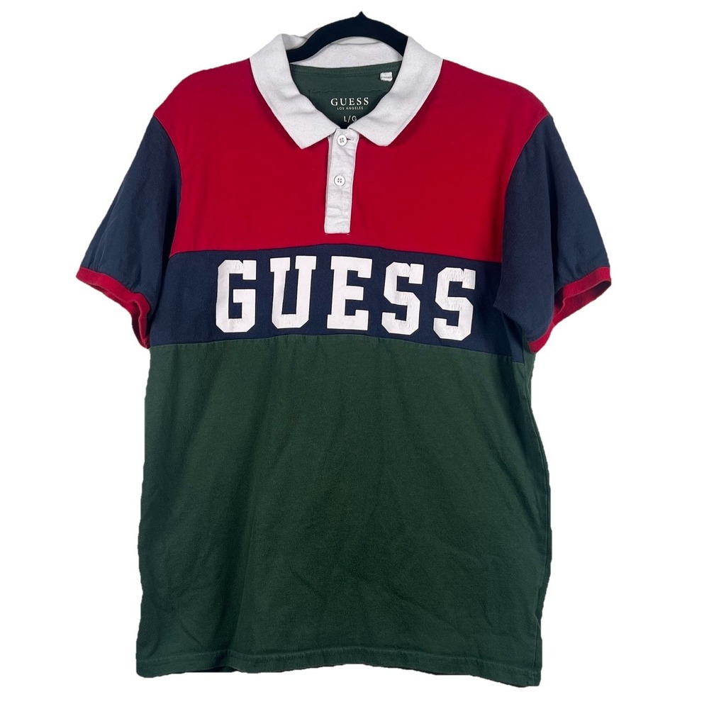 Guess Spellout Logo Short Sleeve Polo Shirt Men's Size US Large color block‎
